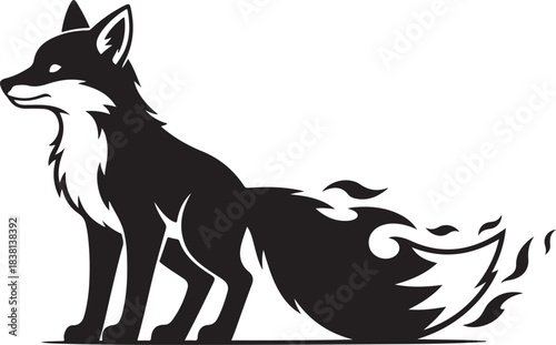 Black silhouette of a stylized fox with fiery tail Keywords: fox, silhouette, animal, wild