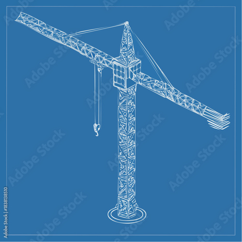 Detailed isometric blueprint illustration of a towering industrial construction crane in technical wireframe style, representing urban development, engineering planning, and heavy machinery operations