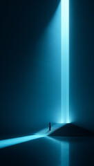 Atmospheric collage. Woman before towering blue light beam in quiet minimal hall. Concept of digital transformation, AI creativity, leadership growth, immersive design, future architecture visuals.
