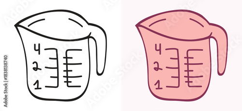 Hand-drawn outline and colored illustration set of a measuring cup with markings. This simple vector sketch includes both versions, perfect for cooking, baking, kitchen themes, and graphic resources.
