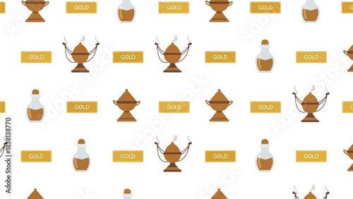 A charming flat design seamless pattern composed of repeating icons of gold, frankincense, and myrrh, the iconic gifts of the Three Kings. This clean vector artwork is perfect for backgrounds or decor