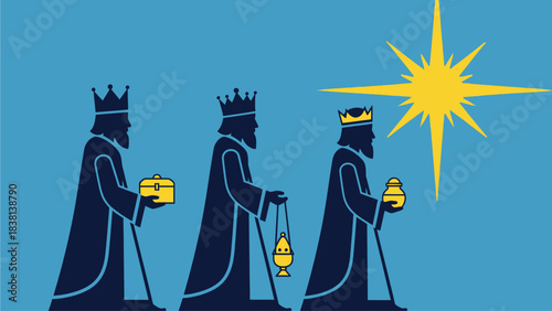 A striking flat design illustration featuring the silhouettes of the Three Kings, each bearing their symbolic gifts, journeying under the bright Star of Bethlehem. 