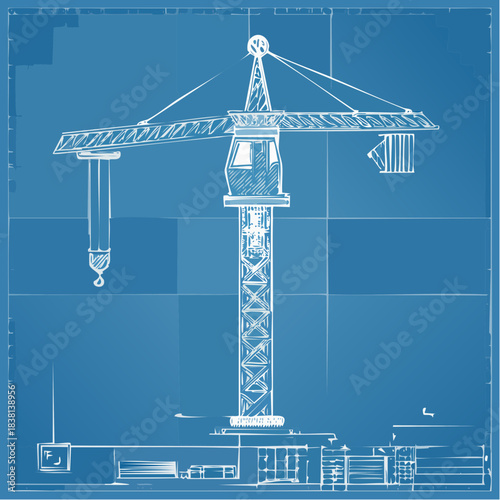 Blueprint illustration of a construction crane, symbolizing engineering and infrastructure development