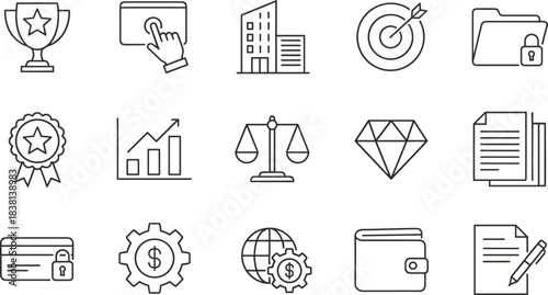 Business finance line icons set, secure payment, target success, growth chart, legal document, award, diamond, wallet, corporate economy symbol illustration