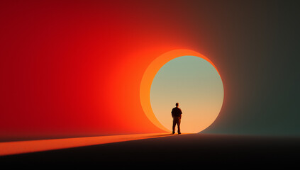 Vibrant collage. Man facing circular glowing entrance in colorful scene. Concept of future architecture, AI creativity, branding identity, product innovation, immersive editorial storytelling themes.