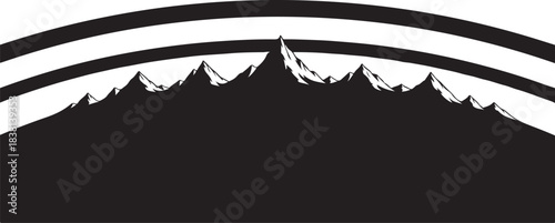 Mountain range silhouette with abstract rainbow arcs
