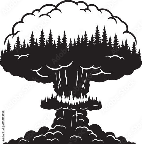Mushroom cloud explosion with forest silhouette nuclear