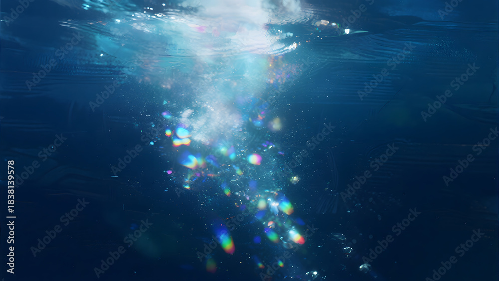 Fototapeta premium Underwater Light Reflections, Iridescent Bubbles, Ocean Scenery, Natural Phenomena, Serene Water, Colorful Light, Sea Surface, Calm Atmosphere
