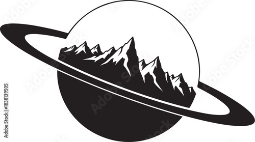 Planet with ring and mountain silhouette mountains