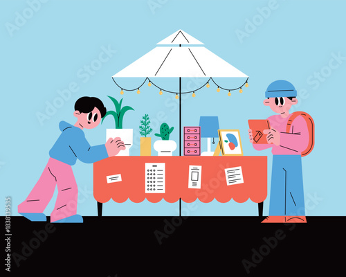 Friends Setting Up a Pop-Up Shop at an Outdoor Market. Flea market. Second-hand goods sales.