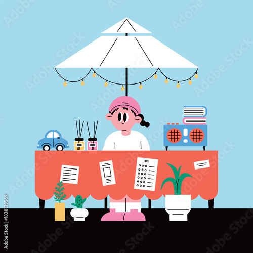 Charming Outdoor Market Booth. Flea market. Second-hand goods sales.