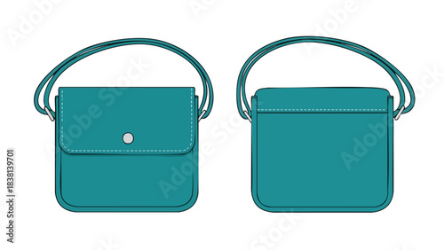 Stylish teal crossbody bag digital illustration with modern design elements showcasing front and back view providing a fashionable aesthetic