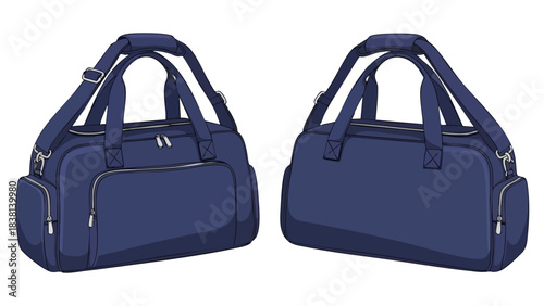 Navy blue duffel bags, front and back views, showcasing versatile design and roomy compartments, sporty bag for gym or travel luggage illustration