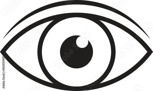 Vector illustration of a stylized human eye icon, representing concepts such as vision, sight, awareness, observation, security, watchfulness, and optical perception in a clean graphic design