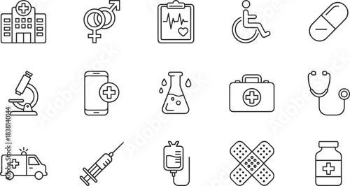Medical healthcare line icon collection, hospital building, stethoscope, ambulance, syringe, pills, laboratory tools, first aid kit, IV drip, accessibility symbol