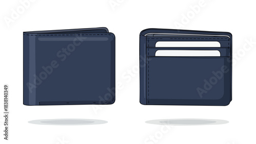 Minimalist illustration showcasing a navy blue leather wallet in closed and open configurations with visible card slots and subtle shading