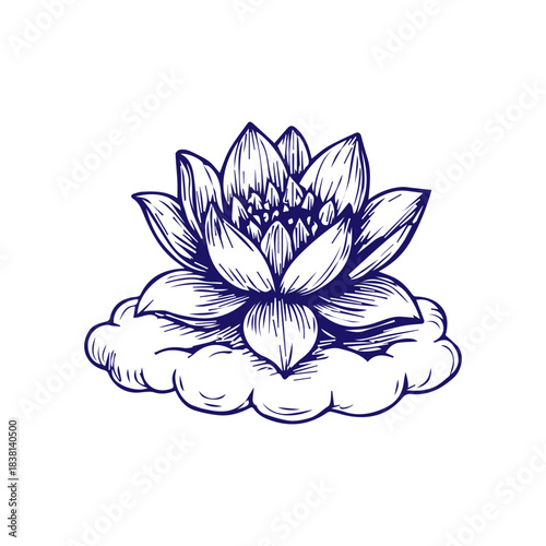 Simple doodle lotus flower sketch, engraved floral water lilly illustration.