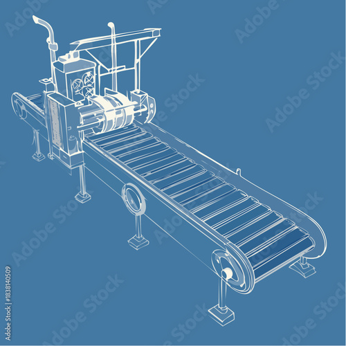 Industrial conveyor belt system illustration in a blueprint style