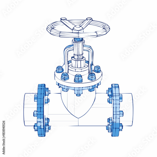 Precise blueprint wireframe rendering of an industrial gate valve and pipe assembly, illustrating essential fluid control mechanisms for engineering and infrastructure design projects