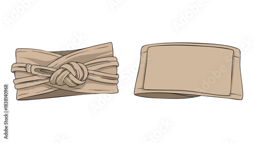 Stylized artistic depictions of fabric accessories with unique knots and smooth folds showcasing minimalist aesthetic and crafted textile design