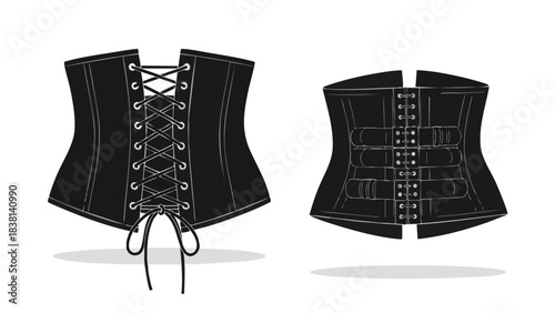 Detailed Vector Illustration Showcasing Two Distinct Styles of Black Corsets on a White Backdrop