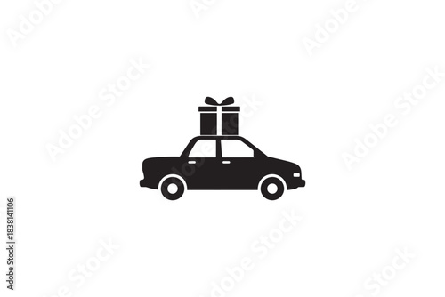 Side view of a car with a gift box tied to the roof, presented in black and white