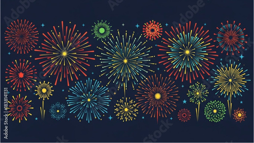 Vibrant illustrative display of colorful fireworks exploding in the dark night sky