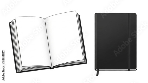 Illustrated blank open and closed notebooks, isolated for design concepts and stationery needs.