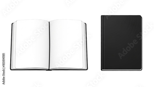 Detailed View of Open Journal with Empty Pages and Closed Black Notebook Isolated