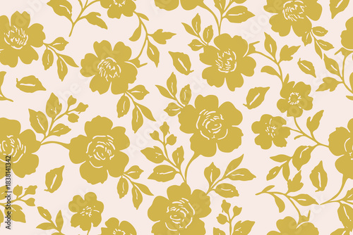 Golden mustard floral motifs with leafy branches arranged on a soft blush background, creating a warm, elegant, seamless botanical pattern perfect for fabric, wallpaper, and decor.
