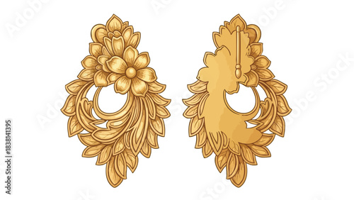 Elegant floral ornaments with golden hue and intricate patterns isolated on a bright background showcasing vintage artistry