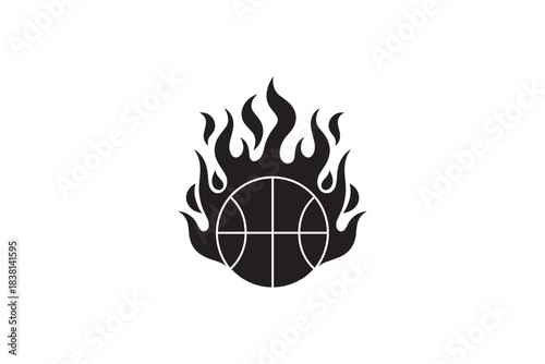 Flaming basketball ball surrounded by intense black fire flames isolated on white background icon