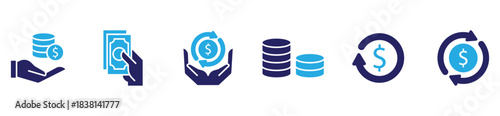 Rebate and cashback icon set with return money, financial service signs, savings account, exchange symbols, and mobile transaction concepts in line illustration format.