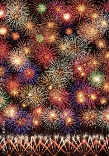 Dense mosaic of vibrant multicolored fireworks bursting across dark night sky with glowing embers below

