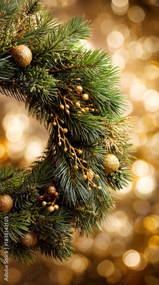 Obraz premium Green pine wreath bokeh glows with gold accents, natural evergreen tones, warm festive light, elegant premium commercial texture, cozy holiday celebration background