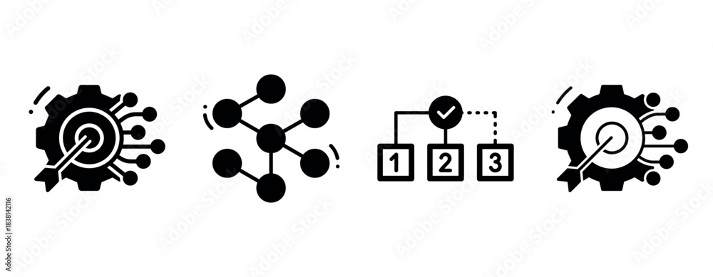 Obraz premium Abstract icons: network nodes, process steps, gears, and target connections