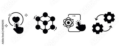 Technology and science icons: heart, molecule, smartphone, gear integration