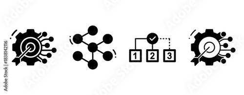 Abstract icons: network nodes, process steps, gears, and target connections