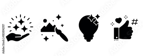 Creative icons: hand with sparkles, painting, light bulb, and thumbs up
