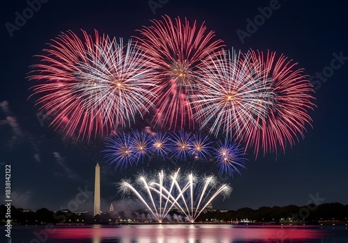 Dazzling red, white, and blue fireworks explode over the Washington Monument with vibrant reflections on water at night

