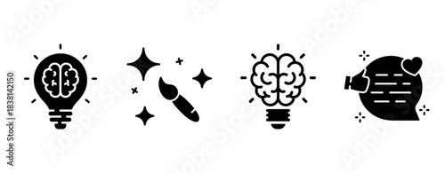 Creative icons: lightbulb, paintbrush, brain, speech bubble with heart and star elements
