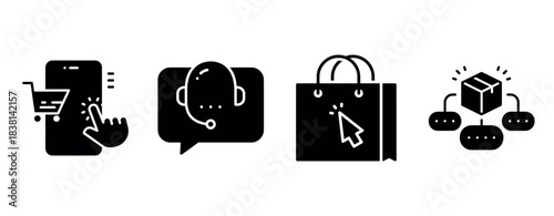 E-commerce icons: mobile shopping, customer support, bag, logistics