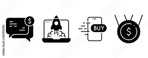 Business icons: chat messaging, laptop launch, mobile buying, money target