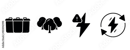 Sustainable energy icons: battery, trees, lightning bolt with warning, recycling symbol