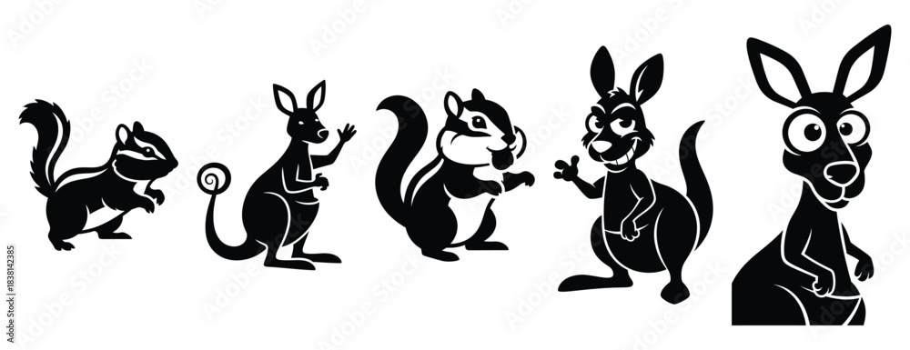 Obraz premium cheerful chipmunk silhouette icon set. Animals icons collection. Animal silhouette icons. Isolated on White background
