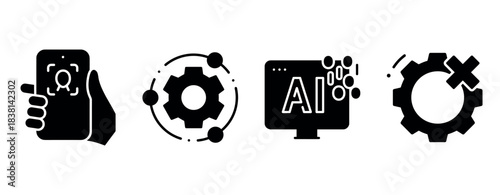 Artificial intelligence icons: face recognition, gear, ai display, error cog