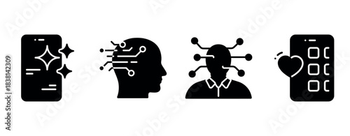 Set of icons illustrating smartphone, human brain, neural connections, and mobile apps