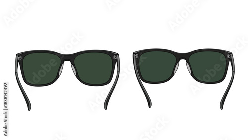 Two pairs of stylish black sunglasses with green lenses, reflecting a minimalist aesthetic on a plain background featuring modern eyewear