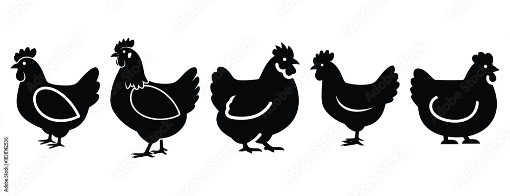 Fototapeta premium chunky chicken silhouette icon set. Animals icons collection. Animal silhouette icons. Isolated on White background