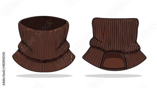 Two perspectives of a brown knitted neck warmer, showcasing the texture and design details against a clean background